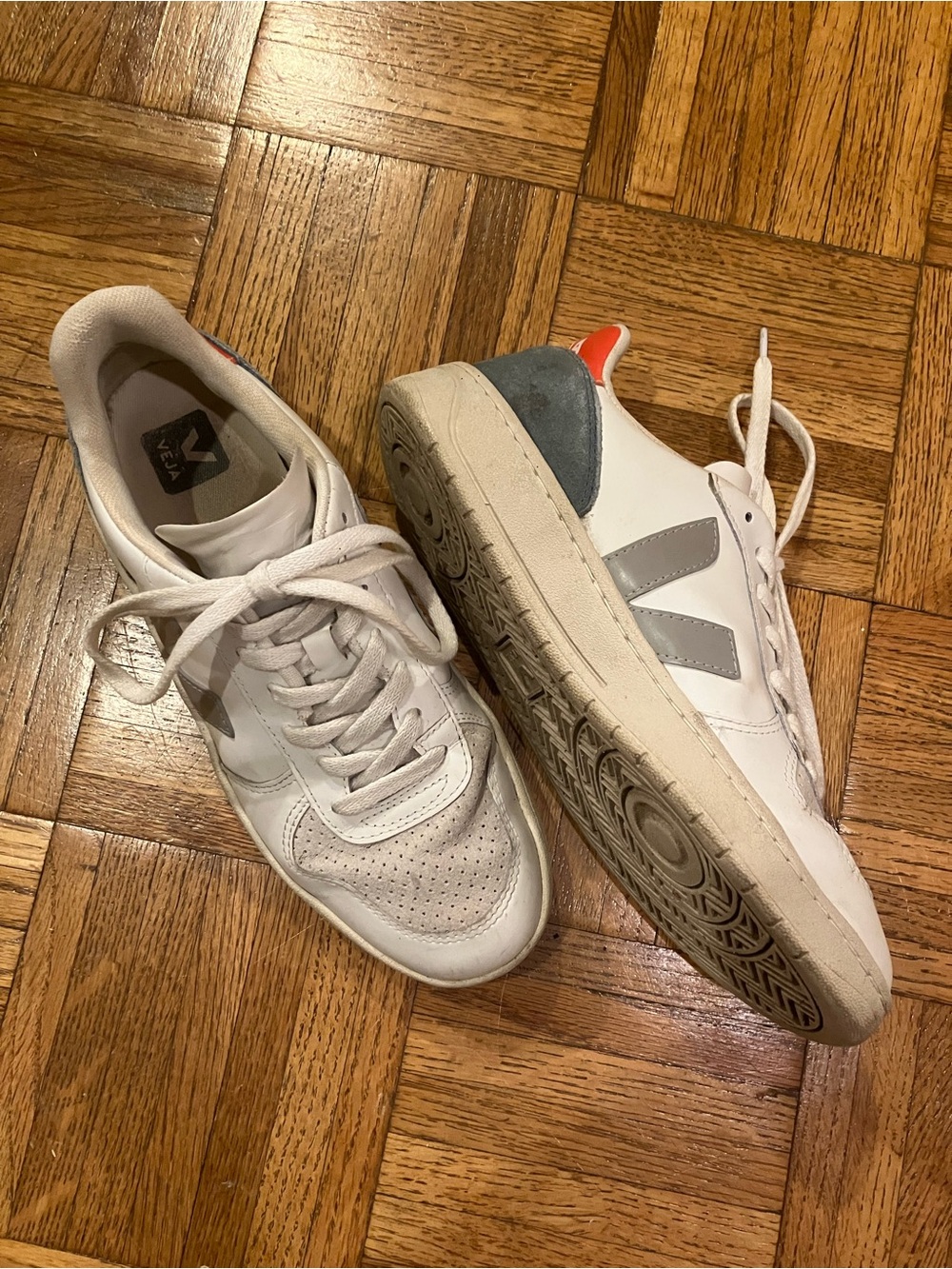 Veja White Leather Sneakers with Gray V Logo and Orange Heel Tab